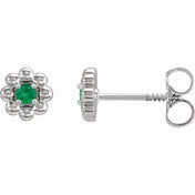 Sterling Silver Lab-Grown Emerald Petite Flower Beaded Earrings