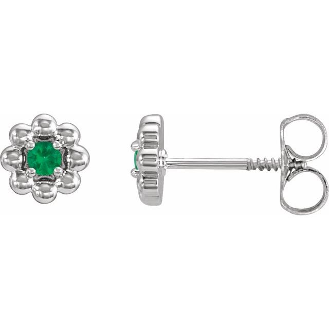 Platinum Lab-Grown Emerald Petite Flower Beaded Earrings