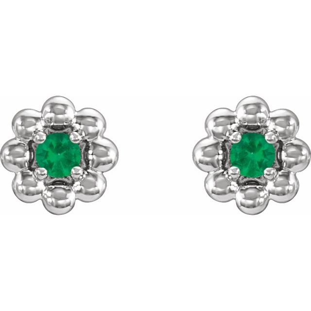 Platinum Lab-Grown Emerald Petite Flower Beaded Earrings