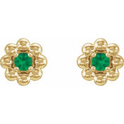 14K Yellow Lab-Grown Emerald Petite Flower Beaded Earrings