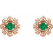 14K Rose Lab-Grown Emerald Petite Flower Beaded Earrings