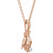 14K Rose Cultured White Seed Pearl Buddha Hand 16-18" Necklace