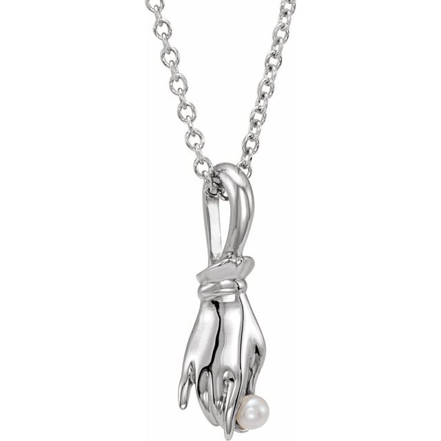 14K White Cultured White Seed Pearl Buddha Hand 16-18" Necklace