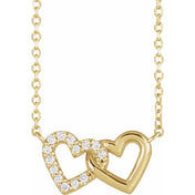 14K Natural Diamond Petite Double Interlocking Heart Necklace - 0.05 CTW, Adjustable Length