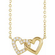 14K Natural Diamond Petite Double Interlocking Heart Necklace - 0.05 CTW, Adjustable Length