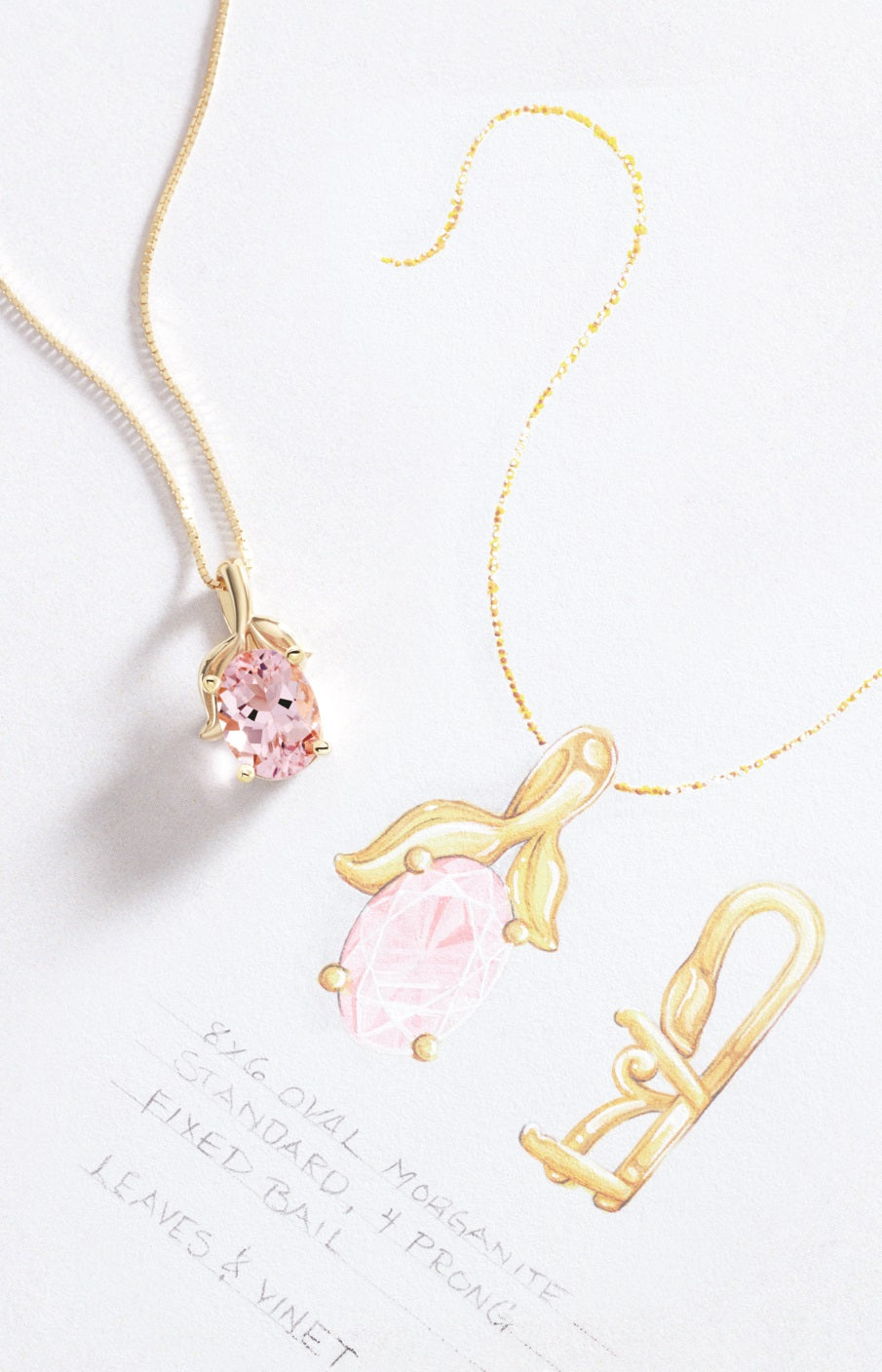 Custom 14k yellow gold necklace featuring an oval natural pink morganite gemstone in a four-prong solitaire setting, photographed next to the original hand-drawn jewelry design concept.