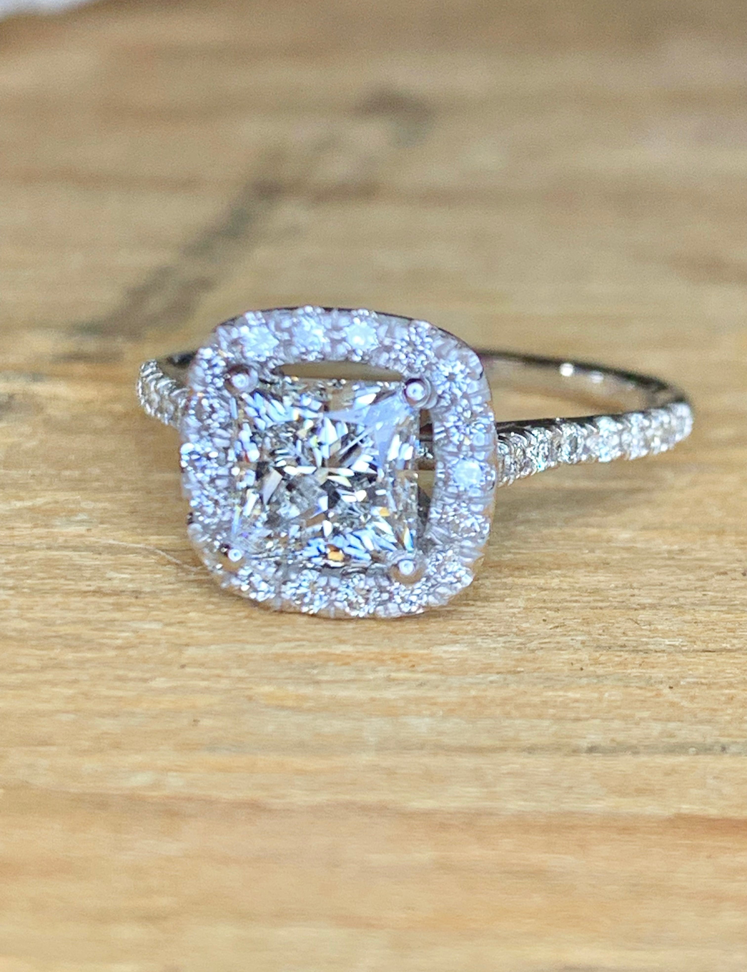 14k White Gold Princess Shape Diamond Engagement Ring With Halo and Side Stones (Plus Bonus Diamonds Under Halo) - Motek Jewelry