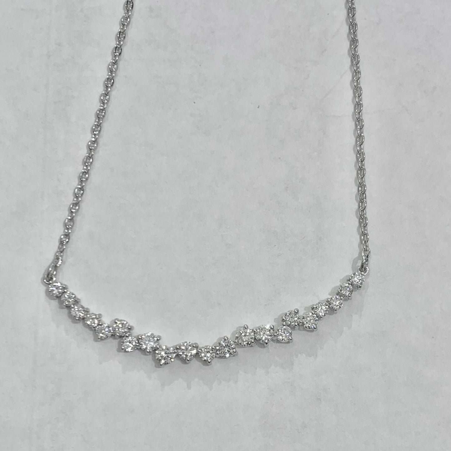 Abstract Curved Bar Pendant Necklace w Lab Grown Diamonds on 14k White Gold Adjustable Chain - Motek Jewelry