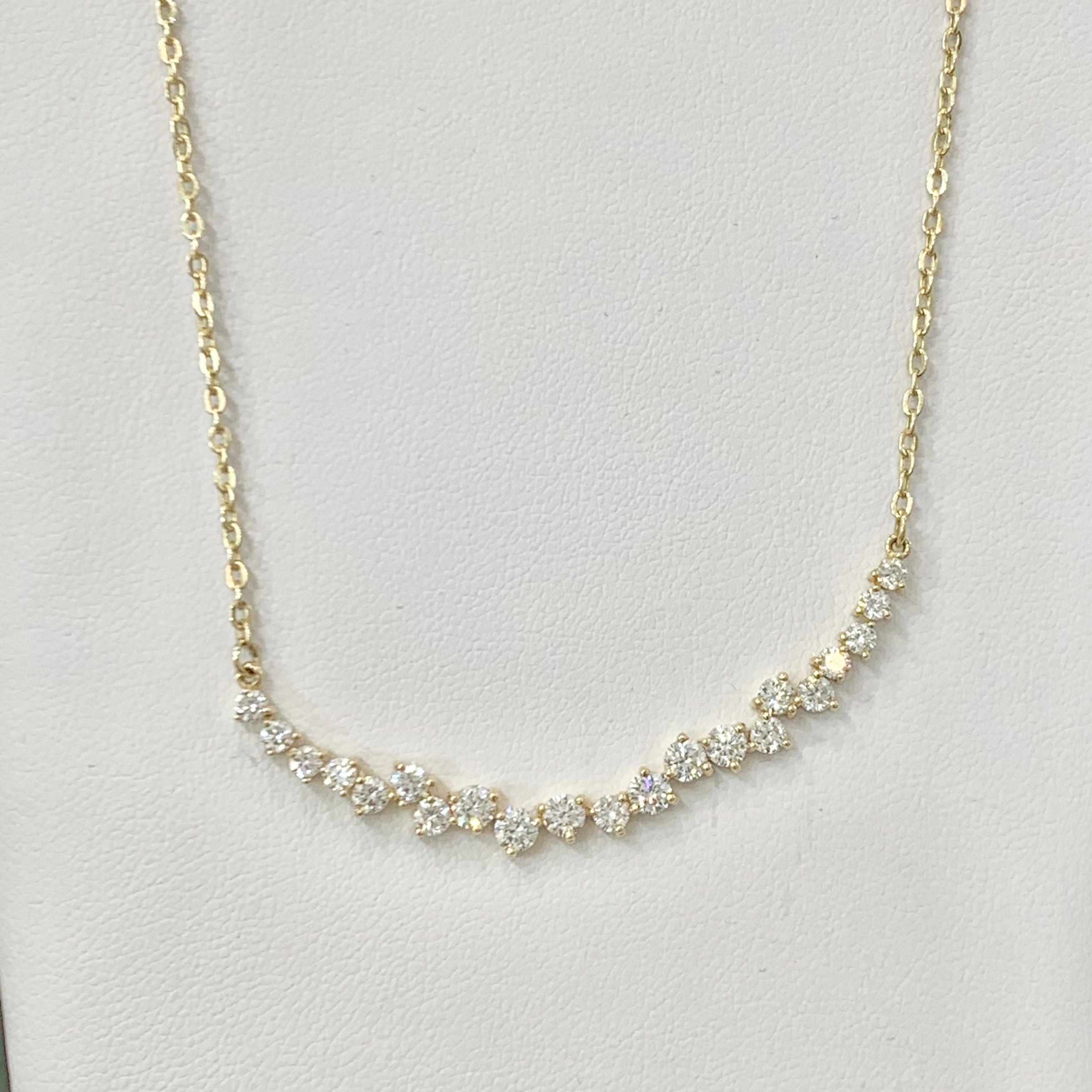 Abstract Curved Bar Pendant Necklace w Lab Grown Diamonds on 14k Yellow Gold Adjustable Chain - Motek Jewelry